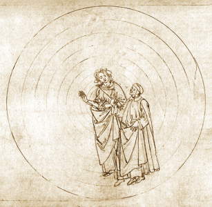 Dante et Béatrice. Dessin de Botticelli pour le chant IX du Paradis 