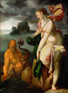 Glaucus et la nymphe Scylla. Tableau de Bartholomeus Spranger, XVIe siècle  (source : Wikimedia). 