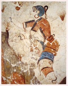 Fresque des cueilleuses de crocus, complexe d’Akrotiri, Santorin