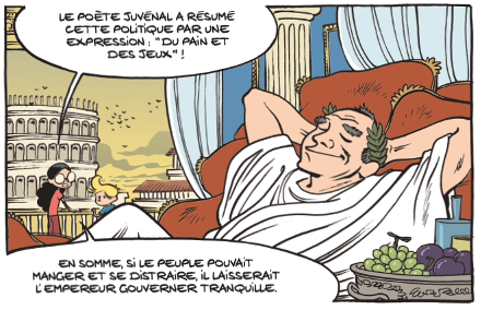 Fig. 12-13. – Extraits de Juvénal, Pline le Jeune et Pétrone (Les Gladiateurs : Jeux de Romains p. 28) Savoia, Erre, Trondheim © Dupuis, 2024.