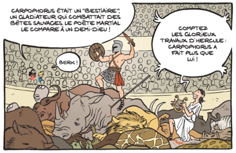 Fig. 14. – Extraits de Martial (Les Gladiateurs : Jeux de Romains p. 15) Savoia, Erre, Trondheim © Dupuis, 2024.