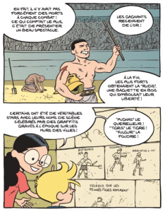 Fig. 18. – Des gladiateurs dans des cases (Les Gladiateurs : Jeux de Romains p. 14)  Savoia, Erre, Trondheim © Dupuis, 2024.