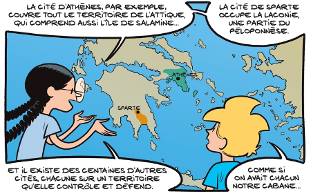 Fig. 4-5. - Cartes commentées par Ariane (La Grèce antique : Aux origines de la démocratie, p. 8) Savoia, Erre, Trondheim © Dupuis, 2024.