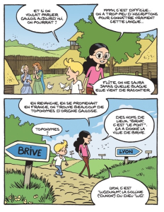 Fig. 6. – Une trace de la langue gauloise dans les toponymes (Les Gaulois : Sacrés ancêtres !, p. 27)  Savoia, Erre, Trondheim © Dupuis, 2024.