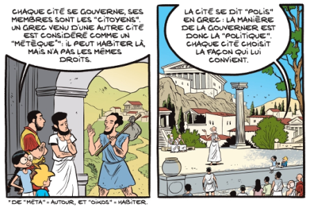 Fig. 7. – Intégration de l’étymologie de mots issus du grec (La Grèce antique : Aux origines de la démocratie, p. 8) Savoia, Erre, Trondheim © Dupuis, 2024.