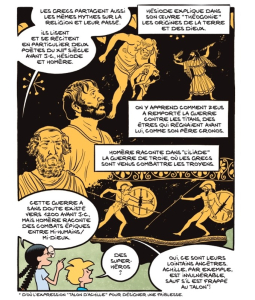 Fig. 8-9. – Les mythes grecs chez Homère et Hésiode (La Grèce antique : Aux origines de la démocratie, p. 12) Savoia, Erre, Trondheim © Dupuis, 2024.
