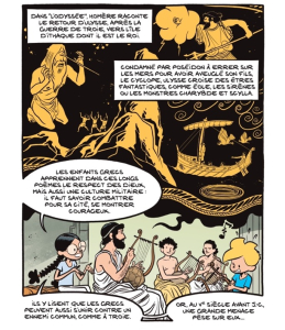 Fig. 8-9. – Les mythes grecs chez Homère et Hésiode (La Grèce antique : Aux origines de la démocratie, p. 13) Savoia, Erre, Trondheim © Dupuis, 2024.