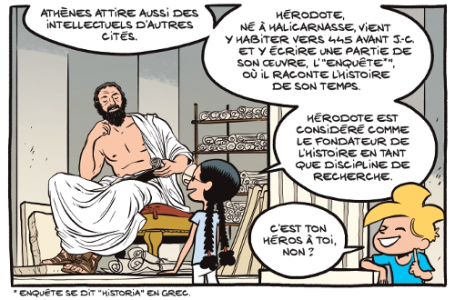 Fig. 10. – Présentation d’Hérodote, fondateur de l’Histoire (La Grèce antique : Aux origines de la démocratie, p. 23) Savoia, Erre, Trondheim © Dupuis, 2024.