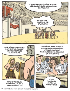 Fig. 11. – Des gladiateurs et un empereur prêts à se battre (Les Gladiateurs : Jeux de Romains, p. 7)  Savoia, Erre, Trondheim © Dupuis, 2024.