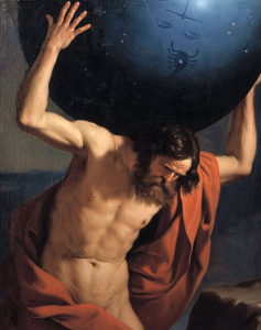 Giovanni Francesco Barbier, dit Guercino, en français Le Guerchin (1591-1666), Atlas portant le globe céleste, huile sur toile, 127 × 101 cm, 1645-1646, Musée Bardini, Florence, Italie