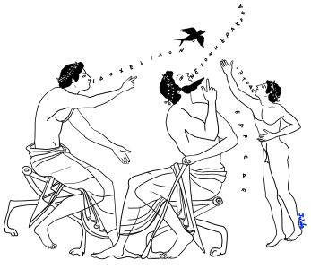 Dessin de Julie Wojciechowski d’après une péliké à figures rouges, 620-600 avant notre ère, groupe des Pionniers, Musée de l'Ermitage St. Pétersbourg.