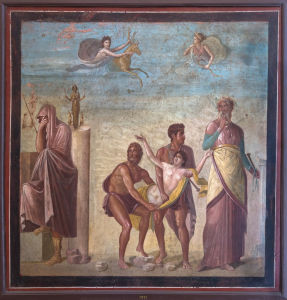 Le Sacrifice d’Iphigénie, fresque de la maison du Poète tragique à Pompéi, Ier&nbsp;siècle apr. J.-C., Naples, Musée archéologique national, inv.&nbsp;9112 (source&nbsp;: Wikimedia Commons)